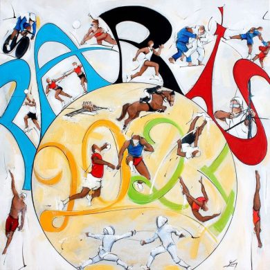 art tableau sport jeux olympiques jo Paris 2024: painting on canvas of 17 sports such as beach volleyball, diving, swimming, fencing, cycling, boxing, judo, athletics, archery, horse riding, hurdle jumping, gymnastics, pole vaulting, basketball, handball, rowing and relays