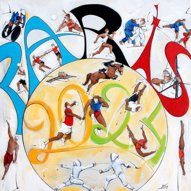 art tableau sport jeux olympiques jo Paris 2024 : peinture sur toile de 17 sports comme le beach volley, plongeon, natation, escrime, vélo, boxe, judo, athlétisme, tir à l'arc, équitation, saut de haies, gymnastique, saut à la perche, basket ball, handball, aviron et relais