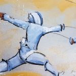 art tableau sport jeux olympiques JO Paris 2024 : détail d'une peinture sur toile sur l'escrime