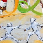 art tableau sport jeux olympiques JO Paris 2024 : détail d'une peinture sur toile sur l'escrime