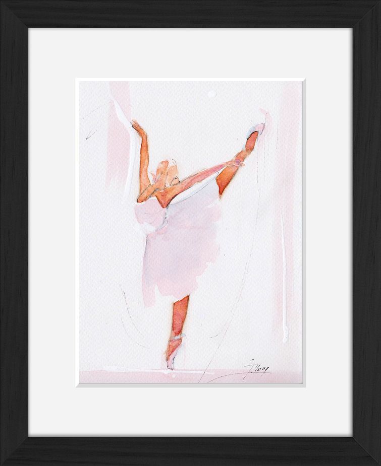 Framed ballet watercolor painting by Lucie LLONG, sport and dance painter