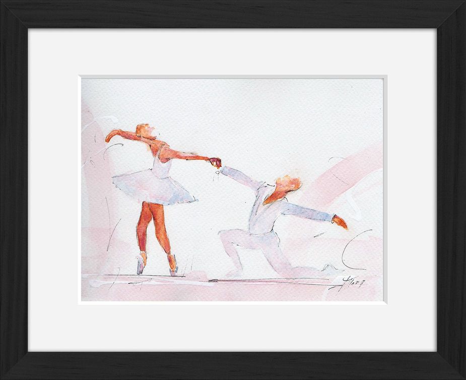 Peinture art et sport à l'aquarelle ballet : tableau avec cadre d'un couple de danseurs classiques en pleine chorégraphie