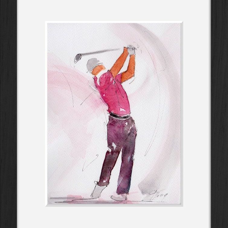 Peinture art et sport à l'aquarelle golf : tableau avec cadre d'un golfeur utilisant un driver