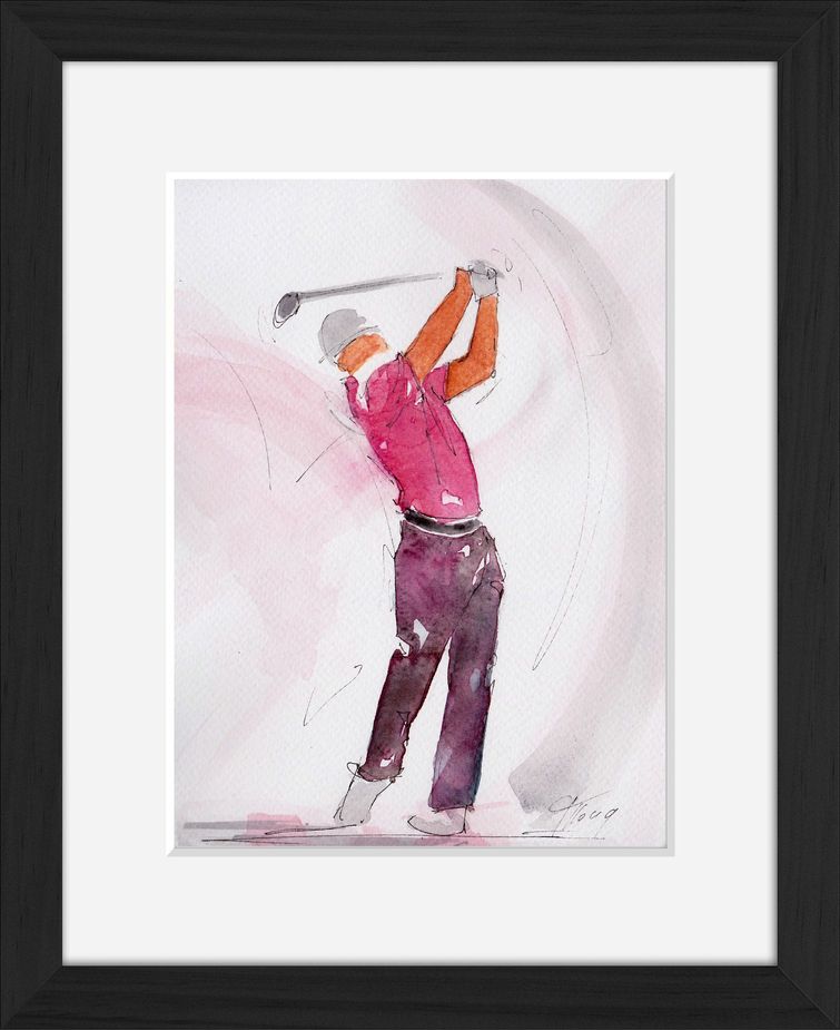 Peinture art et sport à l'aquarelle golf : tableau avec cadre d'un golfeur utilisant un driver