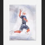 Peinture art et sport à l'aquarelle handball : tableau avec cadre d'un handballeur shootant en suspension