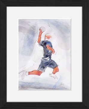 Peinture art et sport à l'aquarelle handball : tableau avec cadre d'un handballeur shootant en suspension