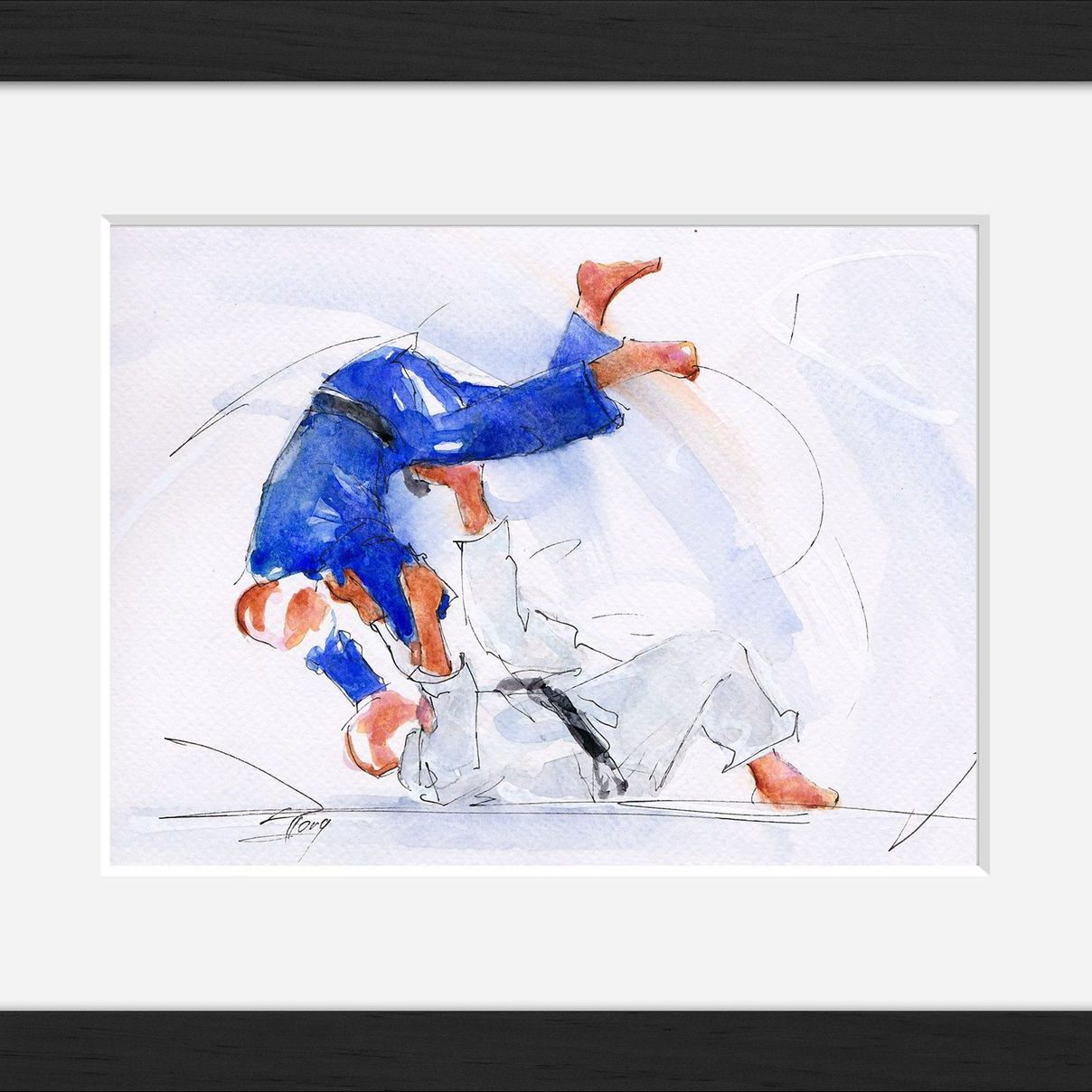 art peinture aquarelle cadre tableau sport judo : victoire par ippon d'un judoka suite à une planchette japonaise