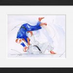 Framed judo watercolor painting by Lucie LLONG, sport painter