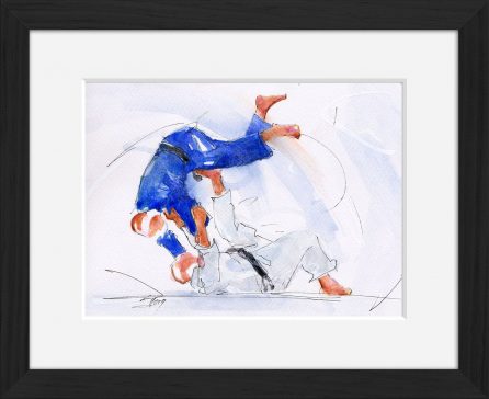 art peinture aquarelle cadre tableau sport judo : victoire par ippon d'un judoka suite à une planchette japonaise