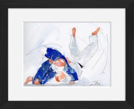 Peinture art et sport à l'aquarelle judo : tableau avec cadre d'un judoka