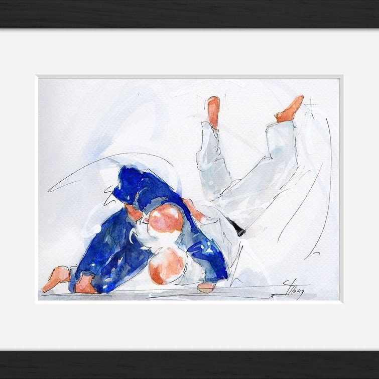 Peinture art et sport à l'aquarelle judo : tableau avec cadre d'un judoka