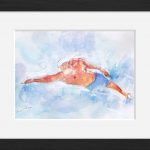 Framed swimming watercolor painting by Lucie LLONG, sport painter