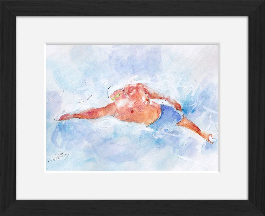 Framed swimming watercolor painting by Lucie LLONG, sport painter