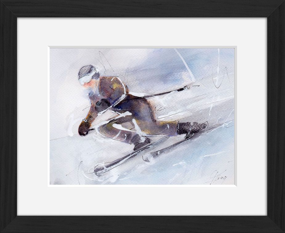 Peinture art et sport à l'aquarelle ski : tableau avec cadre d'un skieur dévalant la pente à toute vitesse