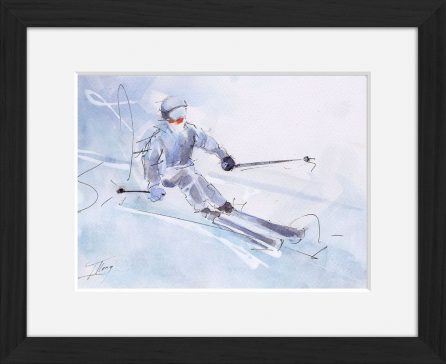 Peinture art et sport à l'aquarelle ski : tableau avec cadre d'un skieur sur une pente enneigée