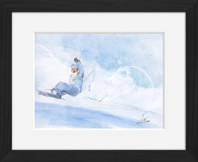 Peinture art et sport à l'aquarelle snowboard : tableau avec cadre d'un snowboarder sur sa planche