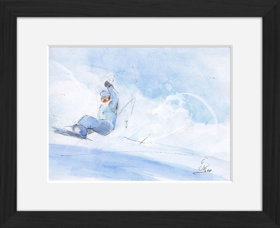 Peinture art et sport à l'aquarelle snowboard : tableau avec cadre d'un snowboarder sur sa planche
