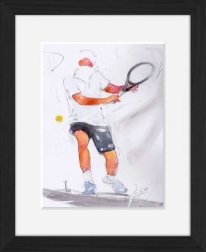 Peinture d'art et sport à l'aquarelle : tableau avec cadre d'un joueur de tennis prêt à frapper la balle en revers