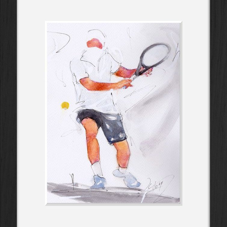 Peinture d'art et sport à l'aquarelle : tableau avec cadre d'un joueur de tennis prêt à frapper la balle en revers
