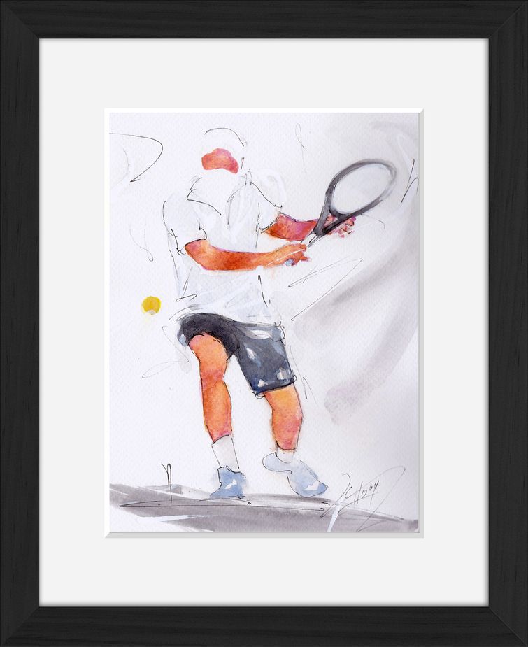 Framed tennis watercolor painting by Lucie LLONG, sport painter