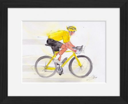 Peinture art et sport à l'aquarelle : tableau avec cadre d'un cyclisme portant le maillot jaune
