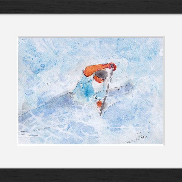 Art peinture aquarelle avec cadre sport canoë kayak: Bordée à gauche d'un kayakiste