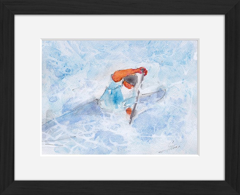 Framed canoe kayak watercolor painting by Lucie LLONG, sport painter
