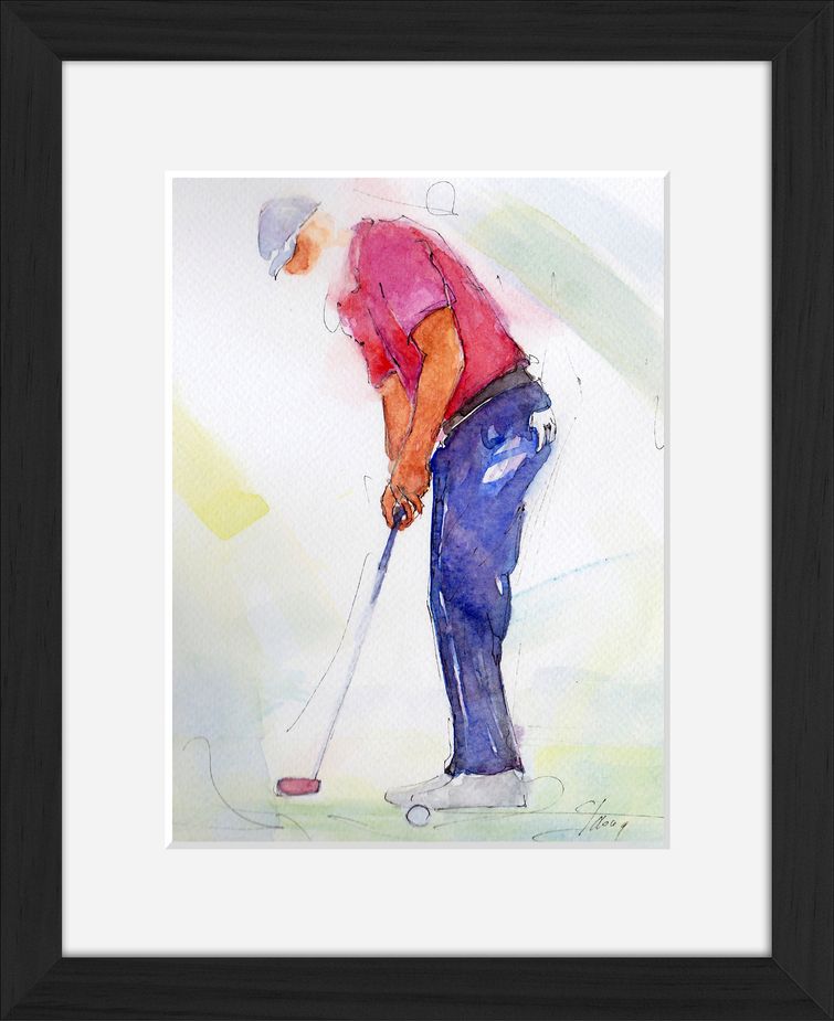 Framed golf watercolor painting by Lucie LLONG, sport painter : the putt