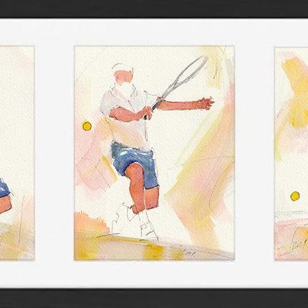 Sport tennis art peinture aquarelle encadrée : joueur de tennis - tennisman - au service, en revers et en coup droit sur le court