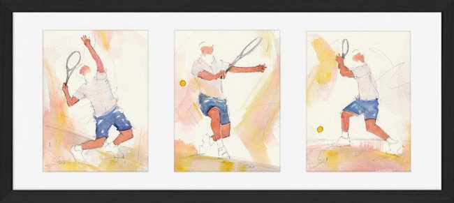 Sport tennis art peinture aquarelle encadrée : joueur de tennis - tennisman - au service, en revers et en coup droit sur le court