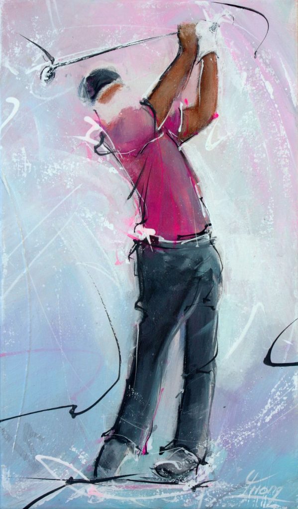 Art Peinture sport Golf : Joueur de golf, driver en mains sur un parcours