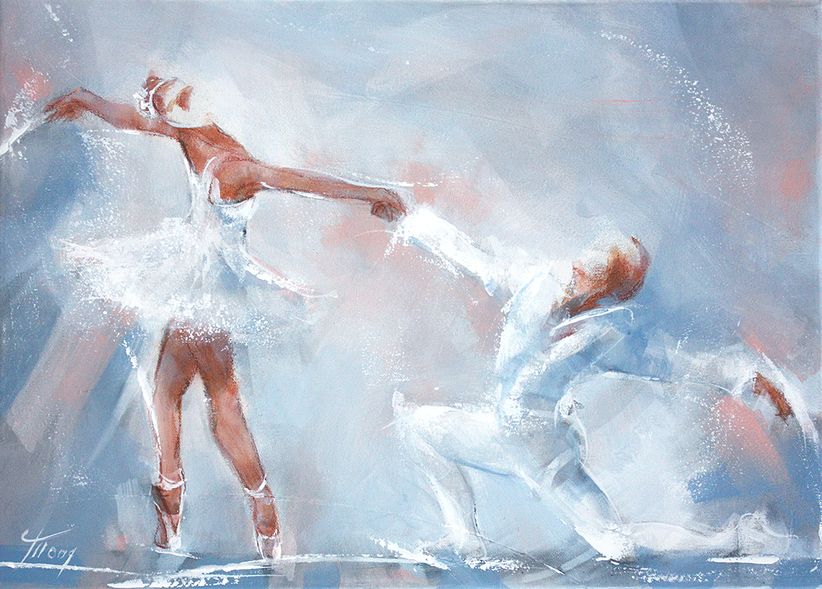 Dance and ballet art painting on canvas : Siegfried and Odette dancing - The swan lake