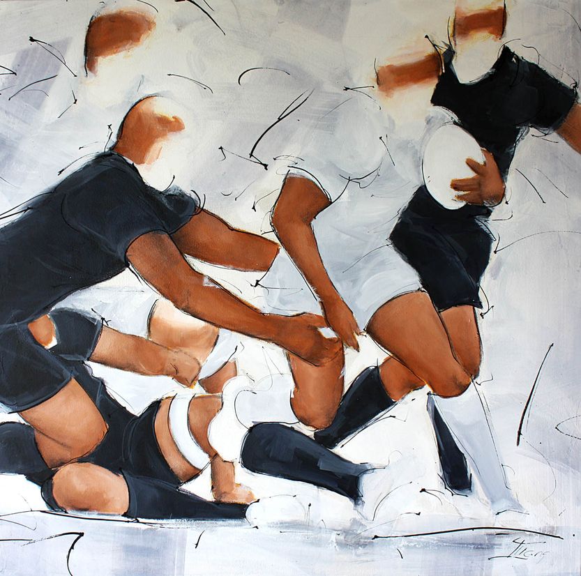 art peinture sport rugby : départ sur le petit côté du demi de mêlée face aux all blacks