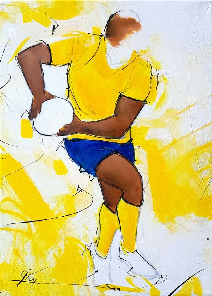Art tableau sport rugby : peinture sur toile d'un joueur de rugby de l'ASM jouant rapidement le ballon