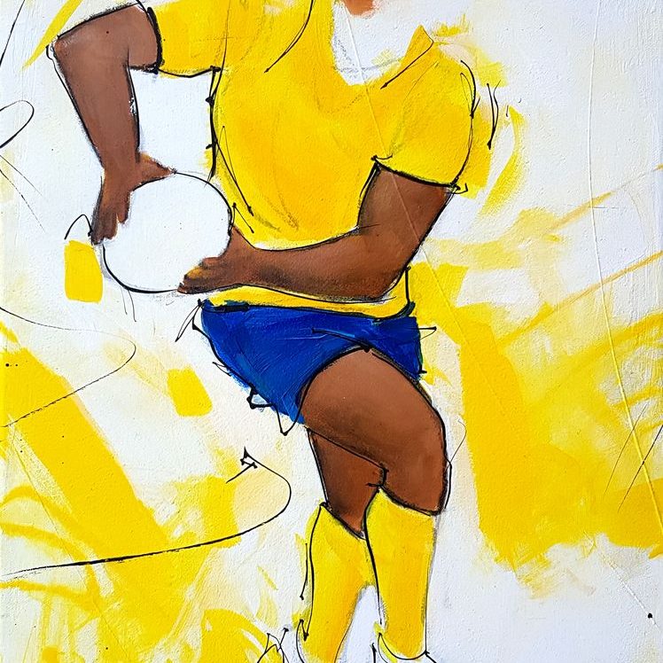 Art tableau sport rugby : peinture sur toile d'un joueur de rugby de l'ASM jouant rapidement le ballon