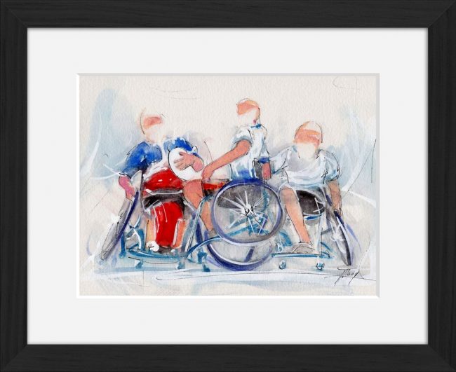 art peinture aquarelle rugby fauteuil : le crunch France Angleterre de rugby à 7 en fauteuil