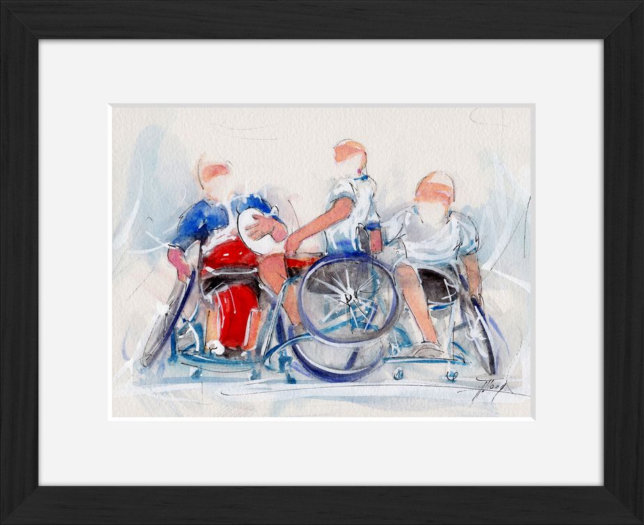 art peinture aquarelle rugby fauteuil : le crunch France Angleterre de rugby à 7 en fauteuil