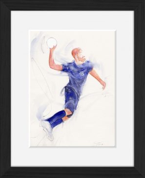 art peinture aquarelle sport handball : le tir précis de Nikola Karabatic lors d'un match de l'équipe de France de Handball (les experts)