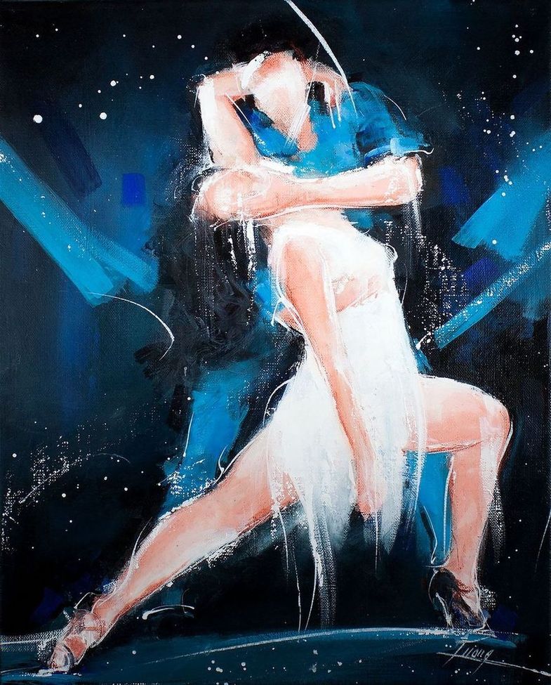 art peinture danse contemporaine : tableau d'un couple de danseurs complice et sensuel