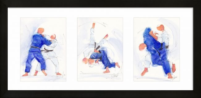 art peinture aquarelle sport de combat judo : triptyque d'un combat entre 2 judokas