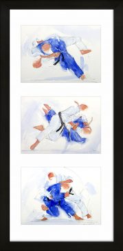 art peinture aquarelle sport de combat judo : triptyque d'un combat entre 2 judokas ceinture noire
