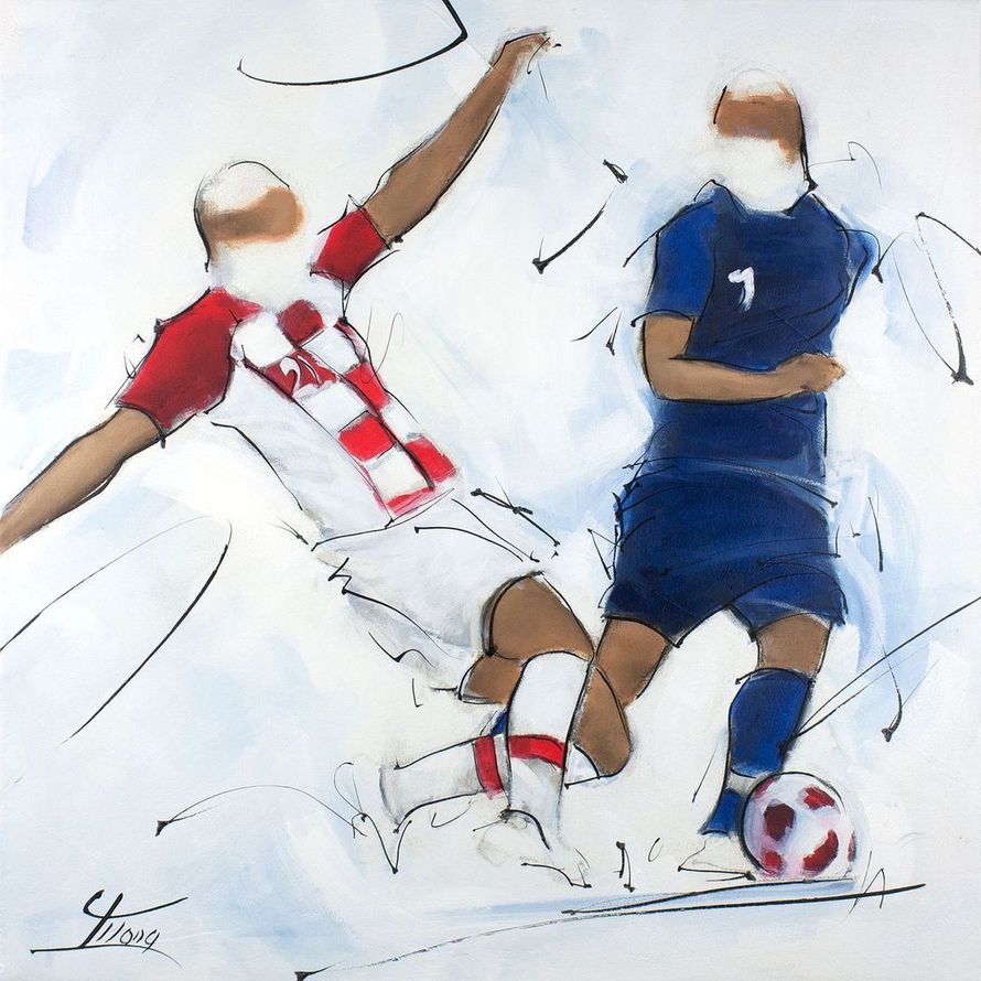 tableau de sport - football : peinture d'une action lors de la finale de la coupe du monde 2018 - France Croatie - les bleus sont champions du monde