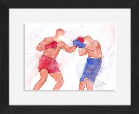 Tableau aquarelle de sport de combat : boxe anglaise en peinture par Lucie LLONG, artiste du mouvement