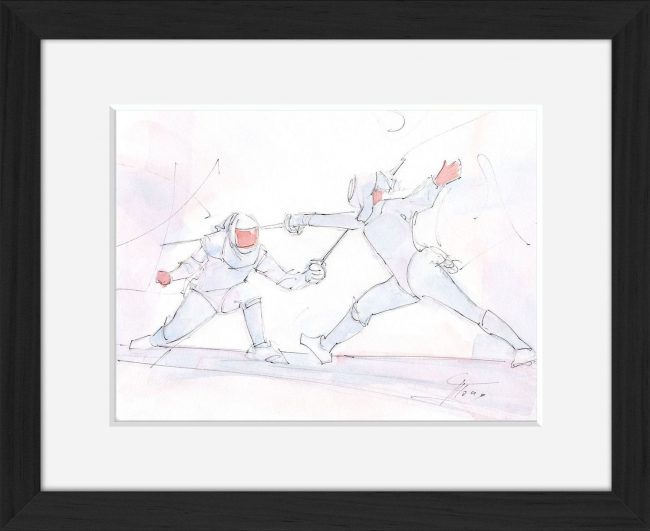 Tableau aquarelle de sport : escrime en peinture par Lucie LLONG, artiste du mouvement