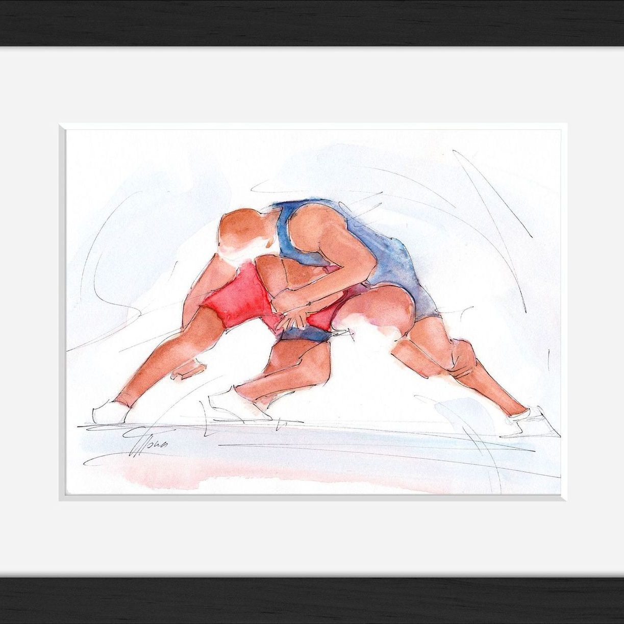 Tableau aquarelle de sport de combat : lutte gréco-romaine en peinture par Lucie LLONG, artiste du mouvement
