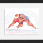 Tableau aquarelle de sport de combat : lutte gréco-romaine en peinture par Lucie LLONG, artiste du mouvement
