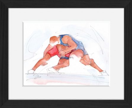 Tableau aquarelle de sport de combat : lutte gréco-romaine en peinture par Lucie LLONG, artiste du mouvement