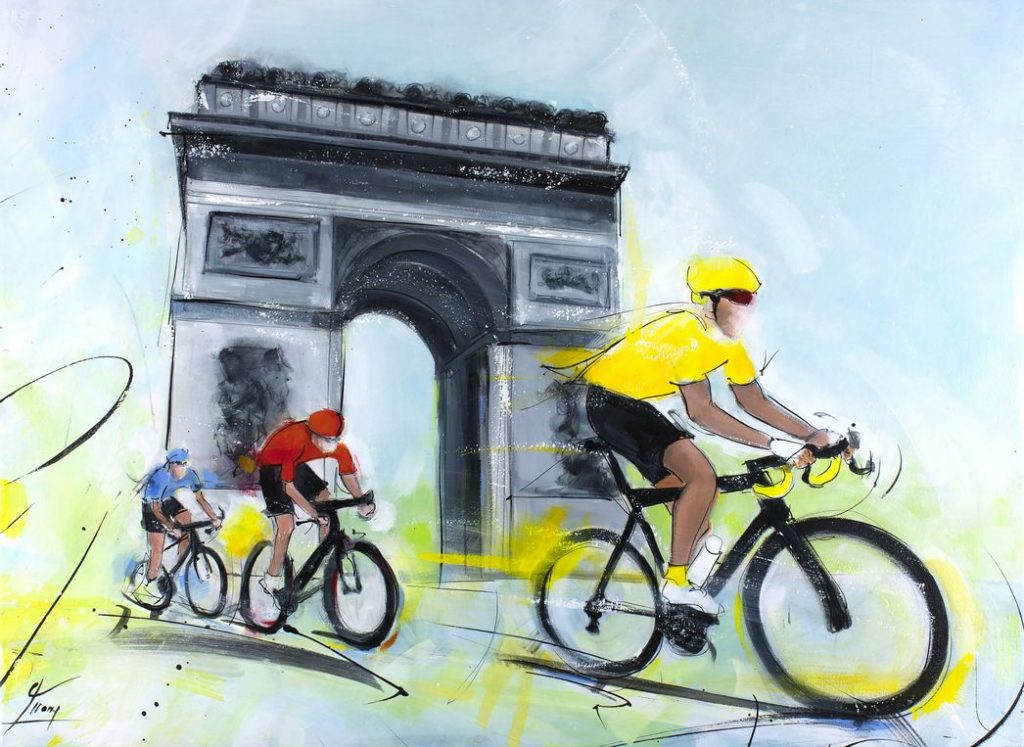 Art peinture du sport - Cyclisme - Tour de France - L'arrivée du maillot jaune sur les Champs-Elysées