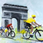 Art peinture du sport - Cyclisme - Tour de France - L'arrivée du maillot jaune sur les Champs-Elysées