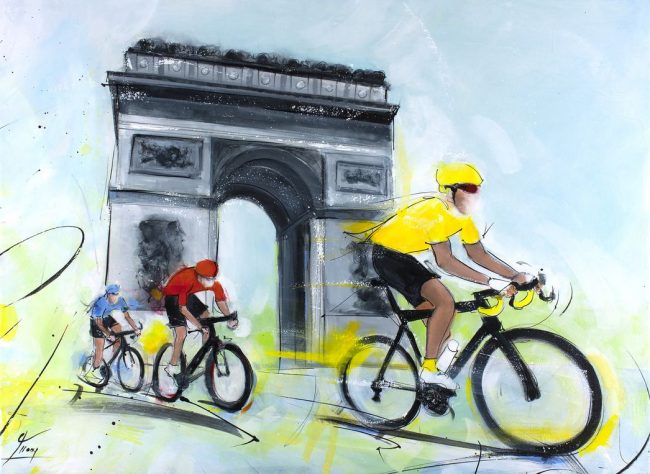 Art peinture du sport - Cyclisme - Tour de France - L'arrivée du maillot jaune sur les Champs-Elysées